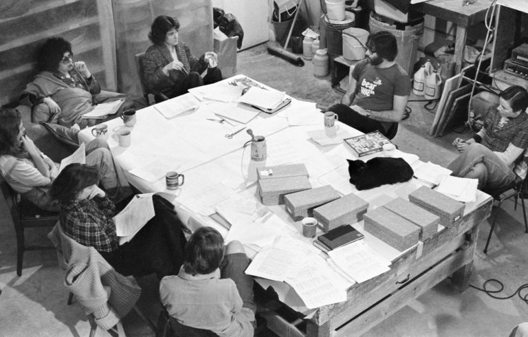 Research meeting in The Dinner Party studio, Santa Monica, CA, 1978. Courtesy the Judy Chicago Visual Archive, Betty Boyd Dettre Library and Research Center, The National Museum of Women in the Arts