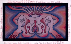 The Crowning, Needlepoint 4, 1984. Needlepoint over painting on mesh canvas, 40 1/2″ x 61″, painting on canvas by Judy Chicago with Linda Healy, Needlepoint by Frannie Yablonsky, Collection of the Albuquerque Museum of Art and History, Albuquerque, NM