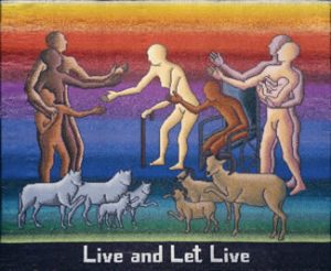 Live and Let Live, 2000. Beading, 20″ x 24″, needlework by Lisa Maue